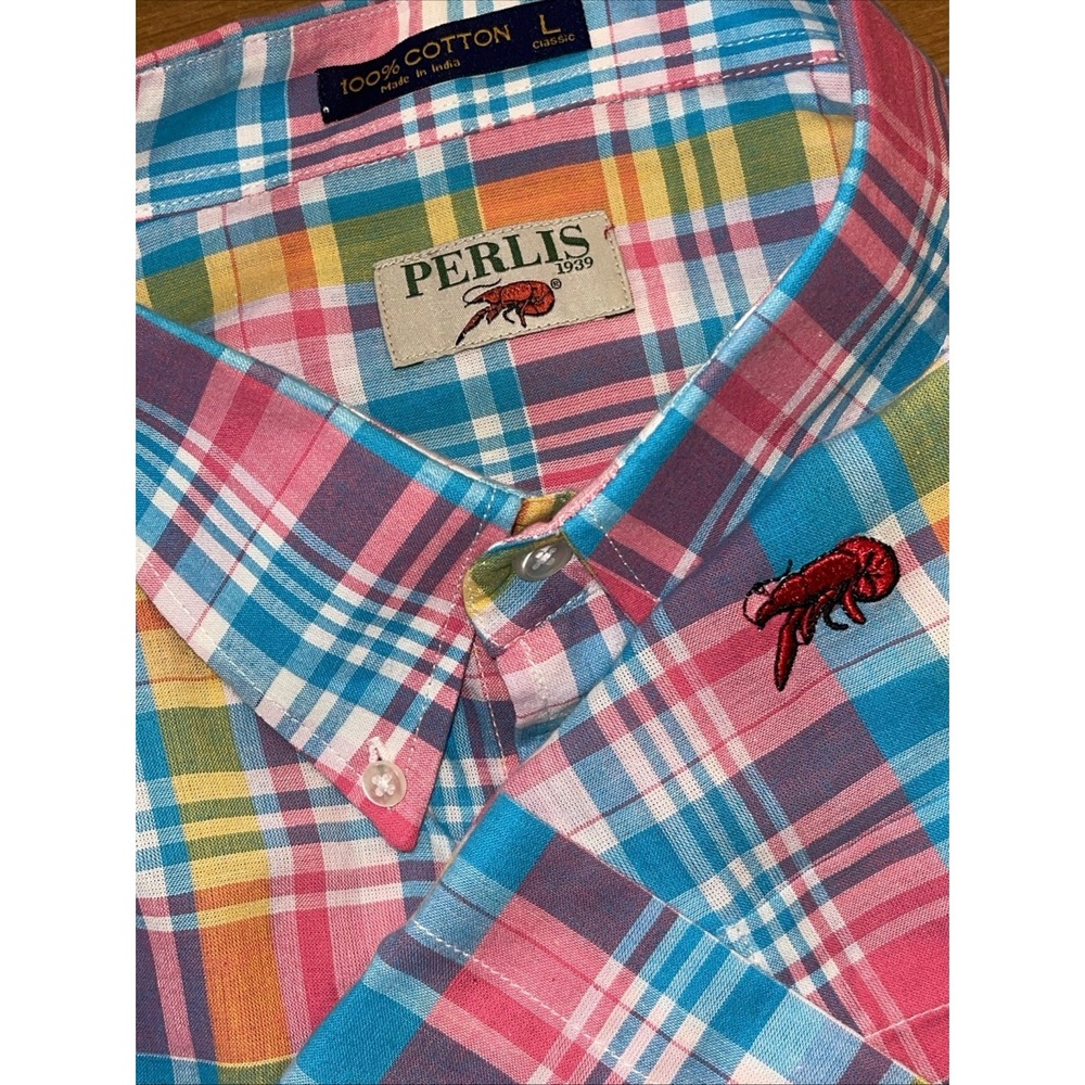 Perlis Shirt Men L Plaid Colorful Short Sleeve Button‎ Down Crawfish Logo